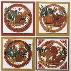 four paper plates with flowers and pumpkins on them, all decorated in different designs