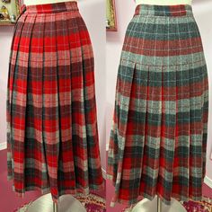 "Vintage 1950s wool pleated tartan plaid in red, grey,  black with periwinkle blue pinstripes. Skirt has reversible shadow print. Side metal zipper. There's one small spot on skirt, nothing noticeable. Excellent Condition Overall  Label: None Fits Medium Measurements are  Waist 28\" Hips 44\" Length @29\" Sweep 118\"" Fitted Accordion Pleat Skirt For Winter, Fitted Red Pleated Skirt For Winter, Scottish Style Fitted Pleated Skirt For Fall, Fall Scottish Pleated Skirt, Classic Red Winter Skirt, Classic Fitted Pleated Skirt For Winter, Fitted Classic Pleated Skirt For Winter, Vintage Plaid Pleated Skirt For Fall, Reversible Skirt