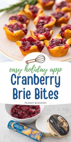 cranberry brie bites on a plate with the words easy holiday app cranberry brie bites