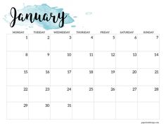 the january calendar with watercolor splashs and handwritten lettering in black ink on a white