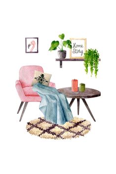 a watercolor painting of a living room with pink chair and coffee table on rug