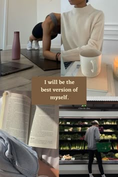 a woman standing in front of a laptop computer next to a book and coffee cup