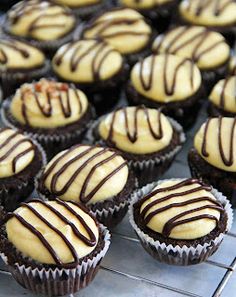 chocolate cupcakes with white frosting and drizzled on the top