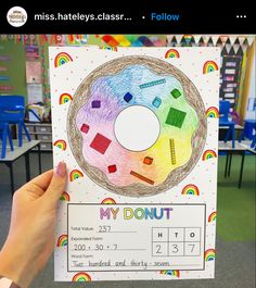 a person holding up a poster with the words my donut written in rainbow colors