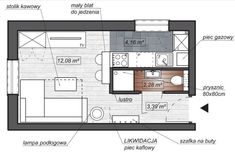 the floor plan for a tiny apartment with two beds and one bathroom, including a kitchen