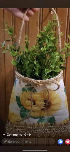 a vase with some plants in it and someone holding the handle up to show them