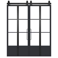 an open glass sliding door with black frame and metal handle on the bottom half of it