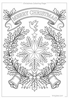 christmas coloring page with holly wreath and bells