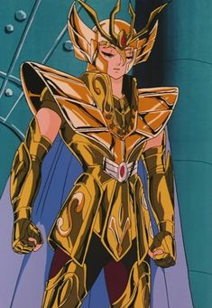 an anime character wearing gold armor and standing in front of a blue background