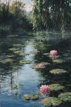 a painting of water lilies in a pond