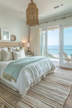 a bedroom with a large bed sitting next to a sliding glass door that leads to an ocean view