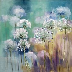 an oil painting of dandelions on a blue and green background with white flowers