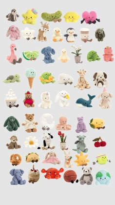 an assortment of stuffed animals are shown in this graphic style, with different colors and sizes