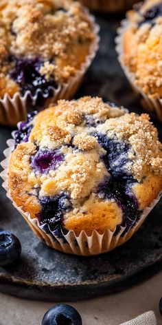 blueberry muffins on a plate with fresh blueberries