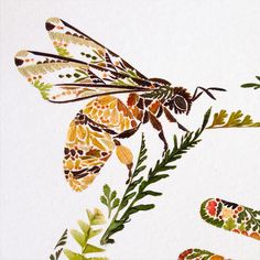 a drawing of a bee on a branch with leaves and other things around it,