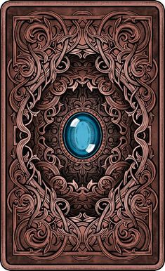 an intricately designed book cover with a blue stone in the center and swirls around it