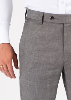 Our Spanish Grey Prince Of Wales pants are expertly tailored with a unique light grey, lightweight fabric that is sure to make a statement. Crafted by experienced artisans, the pants are made to ensure a perfect fit with superior comfort. A timeless color and style, these custom pants are the perfect way to upgrade your wardrobe. Fitted Gray Cotton Pants, Gray Fitted High-waisted Pants, Fitted Gray High-waisted Pants, Gray Slim Fit Straight Pants, Gray High-waisted Business Pants, Classic Gray Slim Fit Bottoms, Gray Slim Fit Tapered Leg Bottoms, Slim Fit Gray Tapered Leg Bottoms, Classic Gray High-waisted Dress Pants