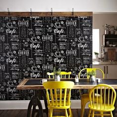 a dining room with yellow chairs and a blackboard wall in the background that says ebay