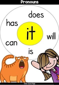 an orange cat and a girl are in front of a yellow circle with words that say it