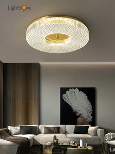 modern living room with white couches and chandelier in the ceiling light fixture