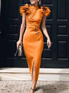 Orange Ruffle Sleeve Semi Wedding Guest Dress – Faeriesty Prom Midi Dress, Elegant Prom, Bodycon Skirt, Dresses Cocktail, Elegant Dresses For Women, Midi Cocktail Dress, Dresses Elegant, Dresses Formal, Midi Dress Bodycon