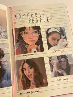 an open book with pictures of people and cats on it's pages that say, comfort people