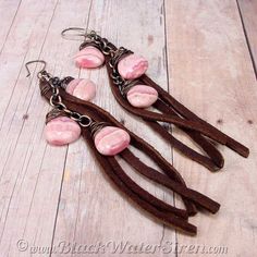 WESTERN BELLE - Earrings, Rhodocrosite Briolettes, Leather Fringe Brown Deer, Deer Hide, Leather Fringe, Free Spirited, Copper Plated, Antique Copper