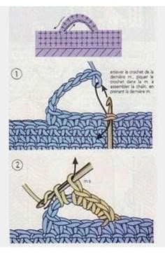 the instructions for crochet are shown in two separate pictures, one shows how to knit