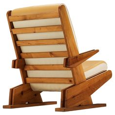 a chair made out of wood and upholstered with white fabric on the back