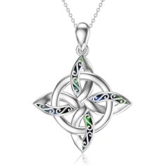 a celtic knot pendant with green, blue and white stones on a silver plated chain