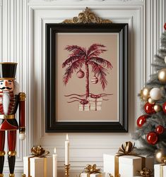 a nutcracker standing in front of a christmas tree with presents under it and an art print on the wall