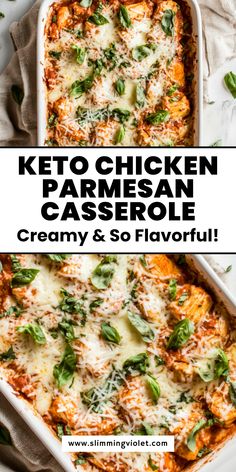 keto chicken parmesan casserole in a white dish with text overlay