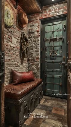 a room with a bench, clock and coat rack on the wall next to it