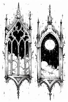 an illustration of two windows with clouds and stars in the sky, one is black and white