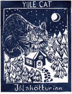 a black and white drawing of a cat on top of a house in the woods