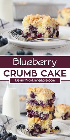 blueberry crumb cake is stacked on top of each other with fresh blueberries in the background