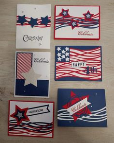 four patriotic cards on a table with the words celebrate written in red, white and blue