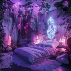 a bedroom decorated in purple and pink lights