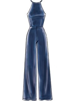 a drawing of a blue jumpsuit with spaghetti straps and an open back, on a white background