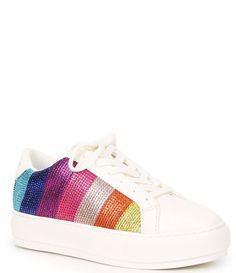 From Kurt Geiger London&#x2C; the Laney Metallic Stripe Rhinestone Embellished Platform Sneakers feature: Leather upperMulti-colored rhinestone embellishmentLace-up stylingCotton liningRubber outsoleApprox. 1.38'' platform heightRecommend sizing up one full sizeImported. Kurt Geiger Shoes, Metallic Rainbow, Rainbow Sneakers, Rainbow Shoes, Striped Sneakers, The Lane, London Shoes, Trendy Sneakers, Perfect Life