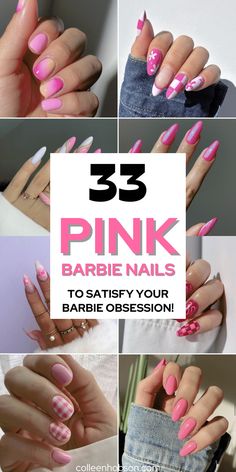 33 Pink Barbie Nails To Satisfy Your Barbie Obsession - Colleen Hobson Barbie Nails Inspiration, Barbie Pink Nail Polish Colors, Barbie Pink Nails 2023, Barbie Movie Art 2023, Trendy Pink Nails 2023, Barbie Nail Polish, Nail Barbie Pink, Cute Barbie Nails, Barbie Style Nails