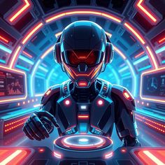 a sci - fi character in a futuristic space station with red and blue neon lights