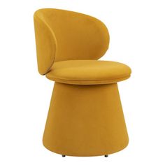 an upholstered yellow chair with wheels on the bottom and back, viewed from the side