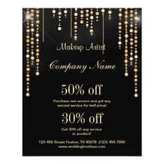 a black and gold business card for nail artist company name, 50 % off sale