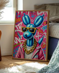 a painting of a blue rat wearing sunglasses and a gold chain around his neck, on a wooden frame