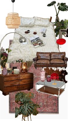 a collage of furniture, plants and pictures