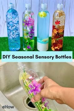 the diy seasonal sensory bottles are filled with water, flowers and other things