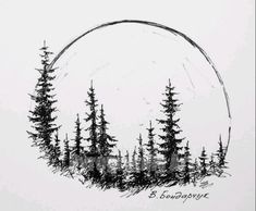 a black and white drawing of some trees in the snow with a circle on it