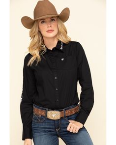 Ariat Women's Team Kirby Stretch Logo Long Sleeve Shirt, Black Black Kirby, Plus Size Cowgirl Outfits, Plus Size Cowgirl, Cute Cowgirl Outfits, Western Outfits Women, Cowgirl Outfits, Western Shirts, Western Outfits, Western Wear