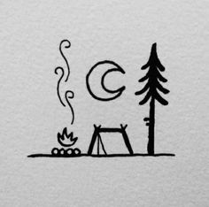 a drawing of a campfire and tent with the moon in the sky above it